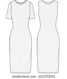 Short Sleeve Bodycon Rib Dress, Sleeveless Tight Rib Dress, Rib Dress Sets Fashion Illustration, Vector, CAD, Technical Drawing, Flat Drawing, Template, Mockup.	
