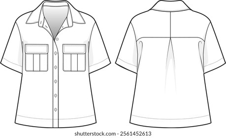 Short Sleeve Button-Up Shirt Fashion Technical Illustration – Women’s Casual Shirt Flat Sketch with Front and Back Views, Pockets, Lapel Collar, Oversized Fit, and Pleated Back Yoke CAD Template