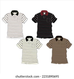 Short Sleeve Color Stripes technical Fashion flat sketch Vector Illustration Drawing Template Front And back views isolated on White Background.