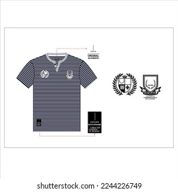 Short Sleeve Color Stripes technical Fashion flat sketch Vector Illustration Drawing Template Front And back views isolated on White Background.