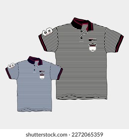 Short Sleeve Color Stripes technical Fashion flat sketch Vector Illustration Drawing Template Front views isolated on White Background
