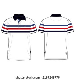 Short Sleeve Color  T-shirt Technical Lines Fashion Flat Sketch Vector Illustration Drawing Template Front And Back View Isolated On White Background.