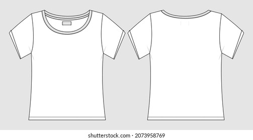 Short Sleeve Cotton Jersey normal passen Basic T-Shirt technische Mode flach Sketch Vektorgrafik Vorlage Front and Back . Frau unisex top CAD-Modell.