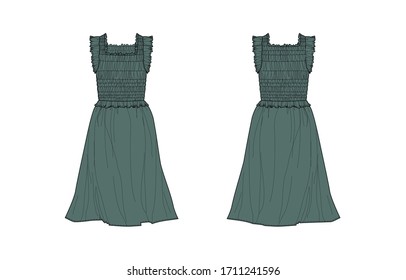 Short sleeve dress with square neck and ruching, flat sketch, front and back views