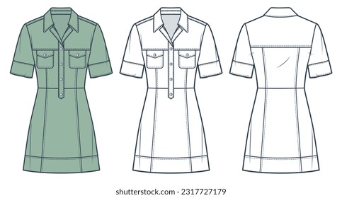 Short Sleeve Dress technical fashion Illustration. Denim mini Dress fashion flat technical drawing template, button-up, slim fit, front and back view, white, olive color, women CAD mockup set. 
