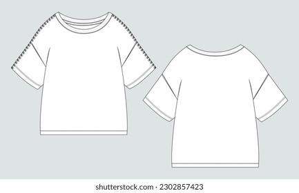 Short Sleeve with drop shoulder Ladies t shirt Technical Fashion flat sketch Vector illustration template Front and back views.