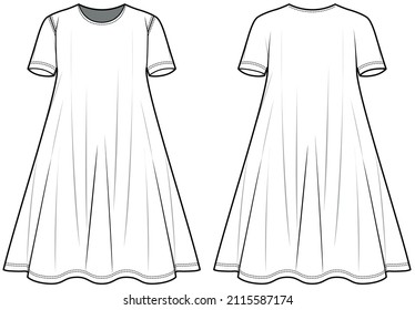 Short Sleeve Flared Knee Length Tent Dress, Knit Dress Front and Back View. Fashion Illustration, Vector, CAD, Technical Drawing, Flat Drawing.