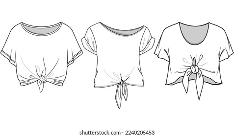 Short Sleeve Front Knot T-Shirt Top Fashion Illustration, Vector, CAD, Technical Drawing, Flat Drawing, Template, Mockup