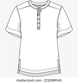 short sleeve henley neck t shirt technical drawing flat sketch vector illustration.