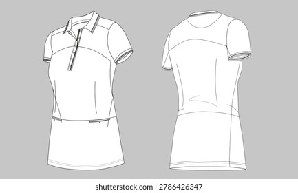 Short sleeve knee length t shirt technical drawing fashion flat sketch vector illustration template for ladies
