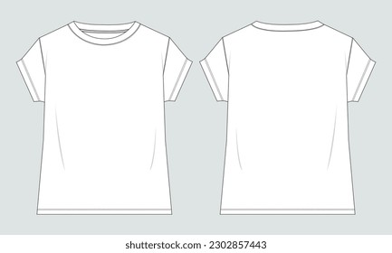 Short Sleeve Ladies t shirt Technical Fashion flat sketch Vector illustration template Front and back views. Apparel Clothing Design mock up 