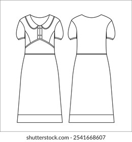 Manga corta Un dibujo técnico de vestido de línea, boceto plano, CAD, Vector de ADOBE Illustrator