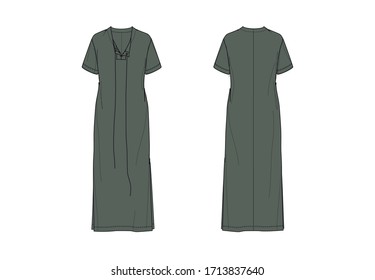 Short sleeve maxi dress with slits, flat sketch, front and back views