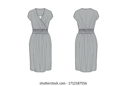 Short sleeve, overlapped front dress with ruching waist, flat sketch, front and back views