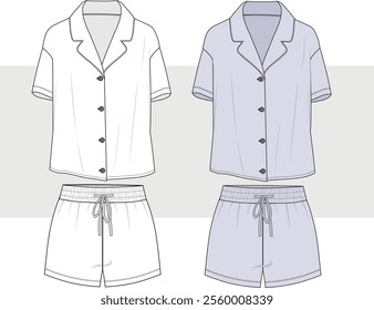 Short Sleeve Pajamas Suit, Nightwear Suit, Sleepwear Suit women, Unisex oversize Fashion Illustration, Vector, Technical Drawing, Mockup. 