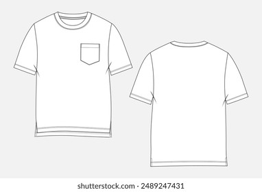 Short sleeve with pocket t shirt for baby boys. Clothing Technical drawing fashion flat sketch vector illustration template front and back views. 