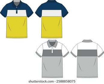 Short sleeve polo shirt fashion flat with three shirt. Back and front view. 