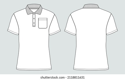 Short sleeve Polo shirt Overall technical fashion Drawing Flat sketch template front and back view. apparel dress design vector illustration mock up Polo tee CAD.

