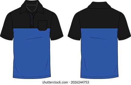 Short Sleeve Polo Shirt With Pocket Chest Cut And Sew Black, Blue Technical Fashion Drawing Flat Sketch Template Front And Back View. Apparel Dress Design Vector Illustration Mockup Polo Tee CAD.
