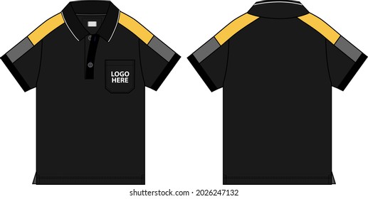 Short Sleeve Polo Shirt With Pocket Technical Fashion Drawing Flat Sketch Template Front And Back View. Apparel Dress Design Vector Illustration Mockup Polo Tee CAD.