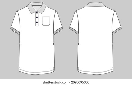  Short Sleeve Polo shirt With Pocket  technical fashion flat sketch vector illustration template front and back views. Pique cotton jersey dress design mock up CAD. 
