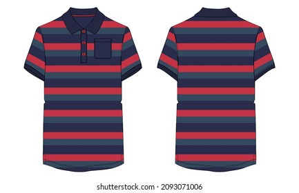 Short Sleeve Polo Shirt With Pocket and Red, navy Color Stripe All over Body overall Technical Fashion Flat sketch Vector Illustration Template Front, Back Views. Apparel Clothing Design Mock Up CAD.