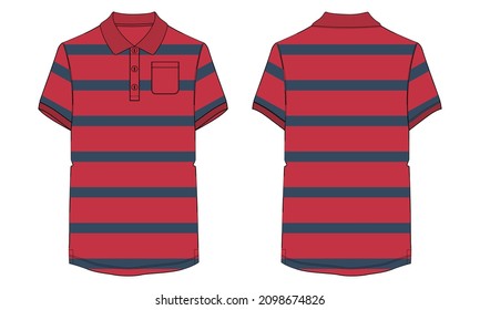 Short Sleeve Polo Shirt With Pocket and Red, navy Color Stripe All over Body overall Technical Fashion Flat sketch Vector Illustration Template Front, Back Views. Apparel Clothing Design Mock Up CAD.