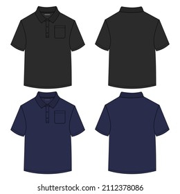 Short sleeve Polo Shirt with pocket Technical Fashion Flat Sketch vector illustration template front and back view isolated on white background. Navy and black color  Polo tee Mock up Cad.