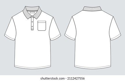 Short sleeve Polo shirt with pocket technical fashion flat sketch vector illustration template front and back views.
