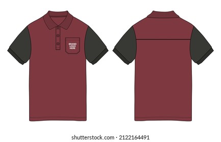 Short Sleeve Polo shirt With Pocket technical fashion flat sketch vector illustration template front and back views. Pique cotton jersey dress design Black, Red color mock up CAD.
