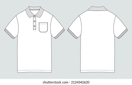 Short sleeve polo shirt with pocket Overall technical fashion flat sketch vector illustration template front and back views. Apparel clothing Design Mock up Cad.