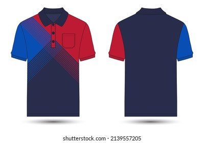 Short Sleeve polo shirt with Pocket Flat style Vector illustration navy color template front and back views isolated on white background. Apparel Polo T shirt Mock up Cad Easy edit and customizable.