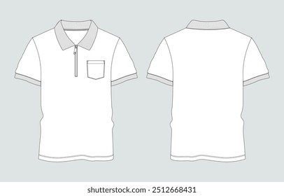 Short sleeve polo shirt with pocket technical drawing fashion flat sketch vector illustration  template front and back views