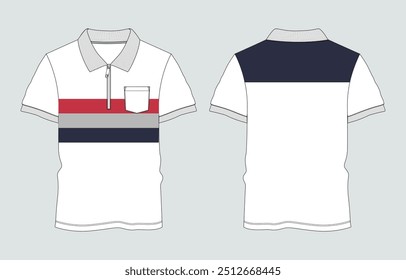 Short sleeve polo shirt with pocket technical drawing fashion flat sketch vector illustration  template front and back views