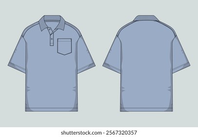 Short sleeve polo shirt with pocket vector illustration blue color template front and back  views