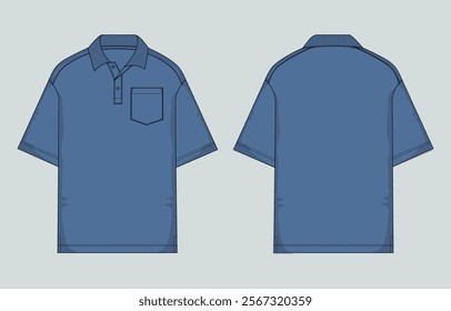 Short sleeve polo shirt with pocket vector illustration blue color template front and back  views