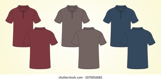 Short sleeve Polo Shirt Technical Fashion Flat Sketch vector illustration template front and back view isolated on Off white background. Red, Navy blue, Khaki color set of collection Polo tee CAD.