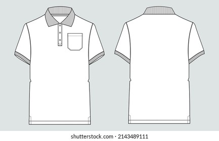 Short sleeve polo shirt Technical Fashion flat sketch vector illustration template front and back views. Apparel design mock up card. Easy edit and customizable