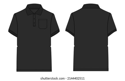 Camisas de polo de manga corta técnica de dibujo plano ilustración vectorial de la plantilla de color negro vista frontal y trasera aisladas en fondo blanco.