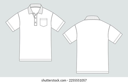 Short sleeve Polo shirt  technical drawing fashion  flat sketch vector illustration template front and back view. apparel dress design mock up polo tee.