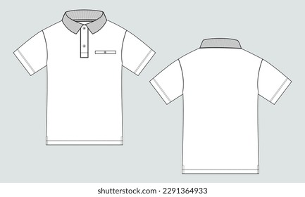 Short sleeve Polo shirt Technical Fashion flat sketch vector illustration  template front and back views. Clothing design mock up for men's isolated on grey background.