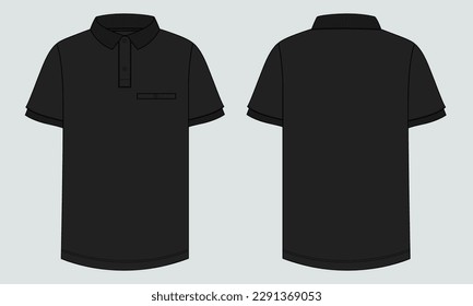 Short sleeve Polo shirt Technical Fashion flat sketch vector illustration black color template front and back views. Clothing design mock up for men's isolated on Grey background