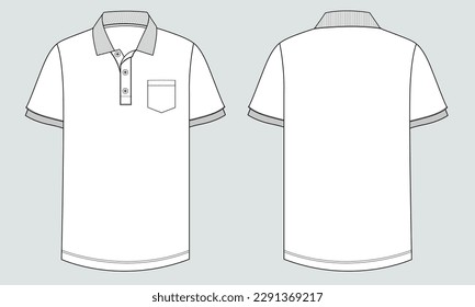 Short sleeve Polo shirt Technical Fashion flat sketch vector illustration template front and back views. Clothing design mock up for men's isolated on grey background.