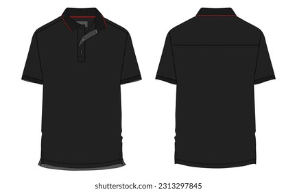 Short sleeve Polo shirt Technical Fashion flat sketch vector illustration black color template front and back views. Clothing design mock up for men's isolated on White background
