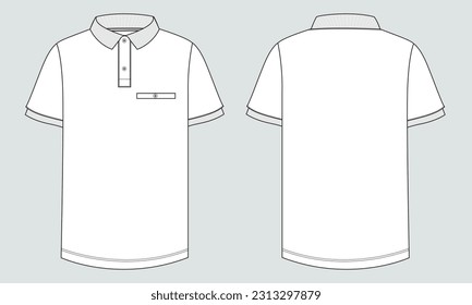 Short sleeve Polo shirt Technical Fashion flat sketch vector illustration template front and back views. Clothing design mock up for men's isolated on grey background.
