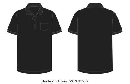 Short sleeve Polo shirt Technical Fashion flat sketch vector illustration black color template front and back views. Clothing design mock up for men's isolated on White background
