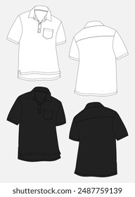 Short sleeve Polo shirt technical drawing fashion flat sketch vector illustration white and black color template front and back views. Men's and boys polo t shirt clothing mock up cad.