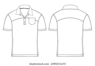 Short sleeve Polo shirt technical drawing fashion flat sketch vector illustration template front and back views. Men's and boys polo t shirt clothing mock up cad.