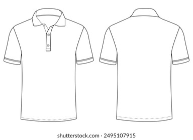 Short Sleeve polo shirt Technical drawing Fashion flat sketch front and back views vector illustration template