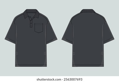 Short sleeve Polo shirt Technical Fashion flat sketch vector illustration black color template front and back views. Clothing design mock up for men's